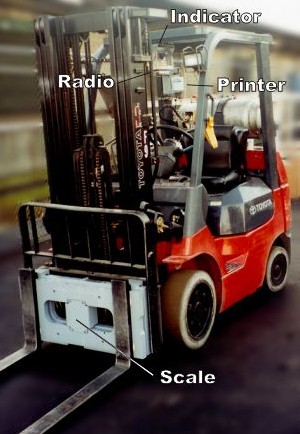Lifttruck configured with a scale, indicator, RF radio, and label printer