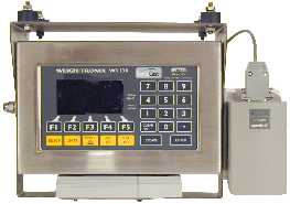 Front view of the Weigh-Tronix WI-130 Simulcast Lift-Truck scale indicator, showing the RF modem and barcode scanner